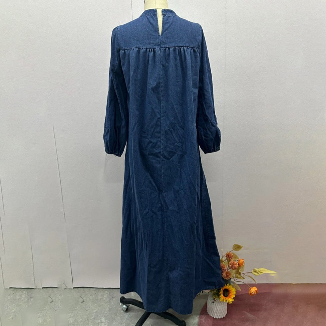 【ワンピース】春秋カジュアル 合わせやすい 無地 長袖デニムワンピース