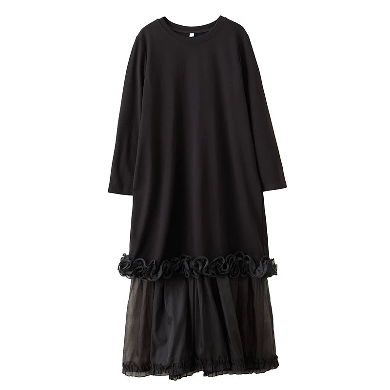 【ワンピース】ダークモード系 レディース チュール切替ワンピース レイヤード風 ゆったりシルエット【JZシリーズ】