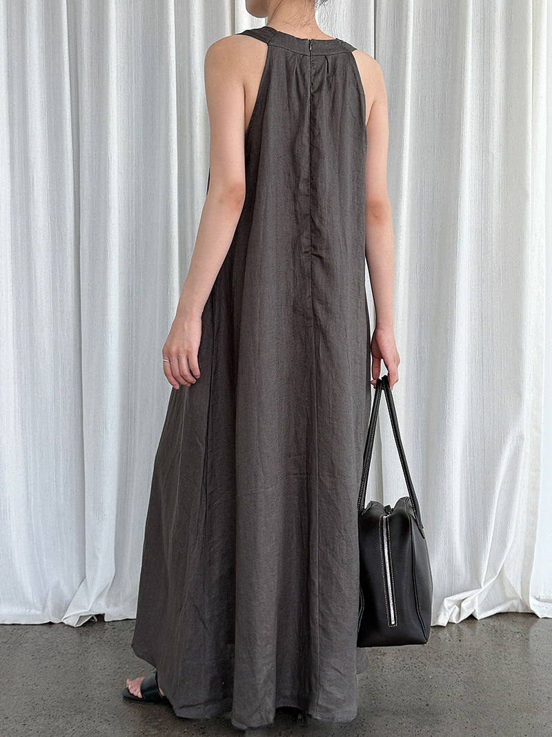 【ワンピース】韓国系シックVネック 夏用 100%苎麻 ノースリーブワンピース【JZシリーズ】