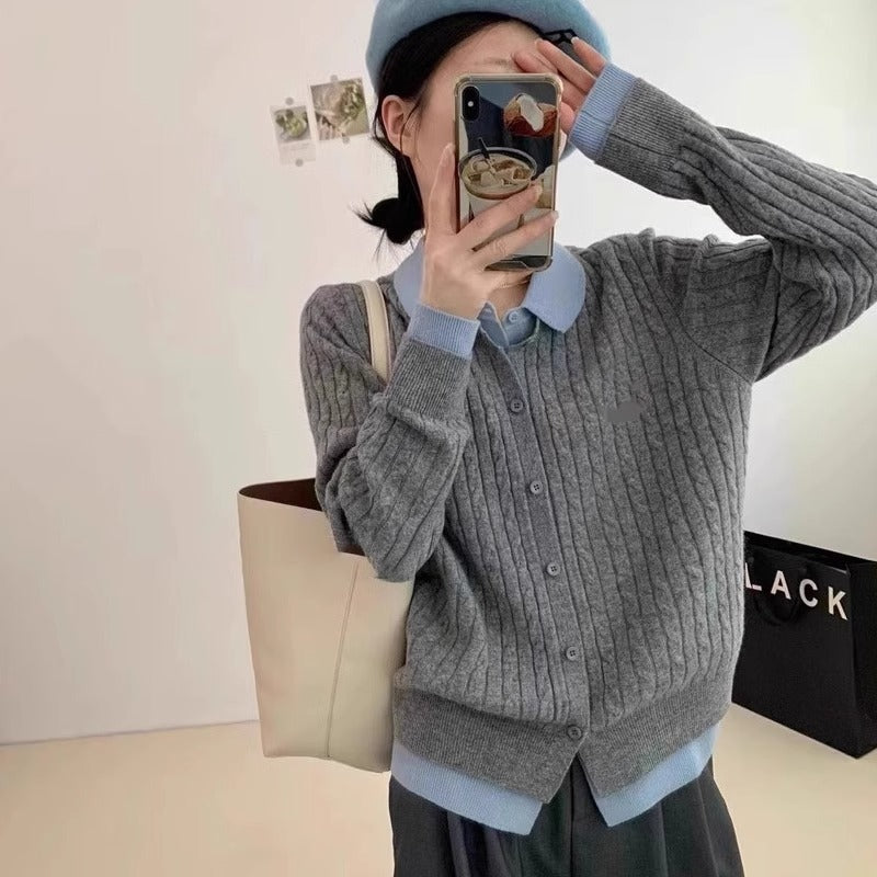 【アウター】春秋 フェイクレイヤード ニットジャケット