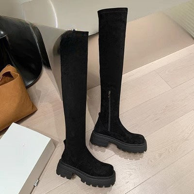 【シューズ】春秋冬 着痩せ ミモレ丈 太ヒール 厚底 ハイブーツ