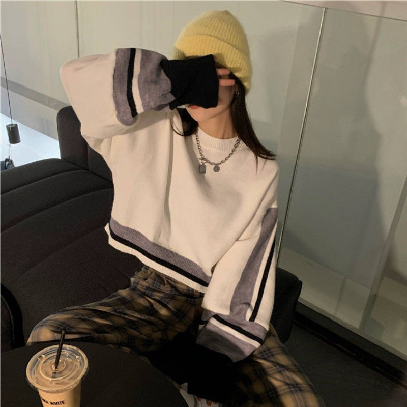 【上衣】春秋冬復古圓領套頭短款針織衫