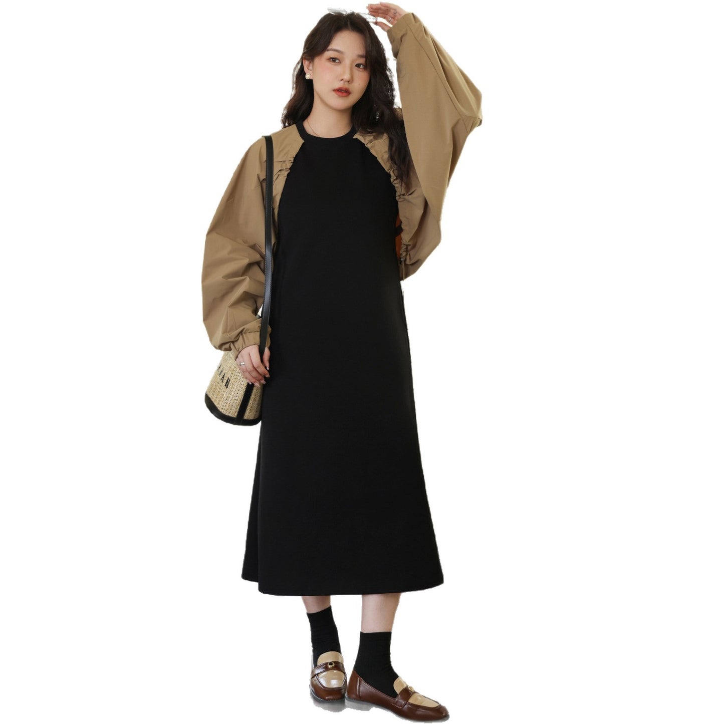 【ワンピース】フレンチ配色 ゆったり 長袖ワンピース 体型カバー 個性派ドッキング風