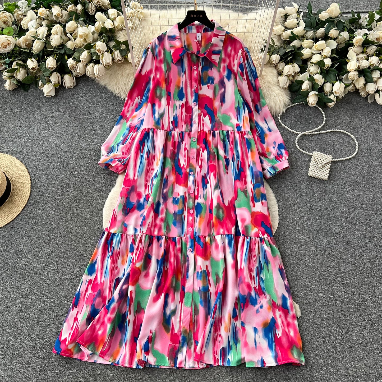 4カラー【ワンピース】個性派 グラデーション柄 長袖 ゆったりシルエット 体型カバー Aライン フレア シャツワンピース レディース ワンピース【SHシリーズ】