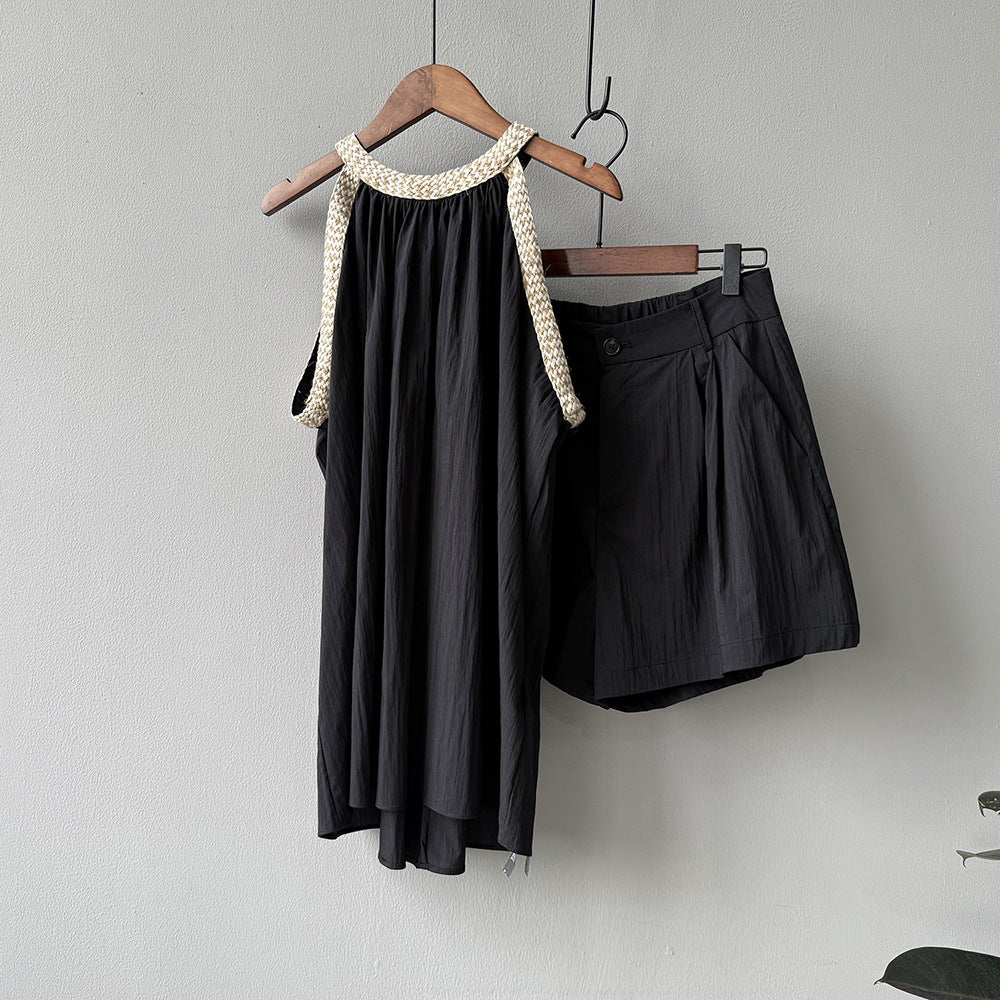 🎉 売り上げ急上昇!2点セット【セットアップ】夏 ラウンドネック フリルギャザー タンクトップ + ショートパンツ 2点上下セット 【JZシリーズ】