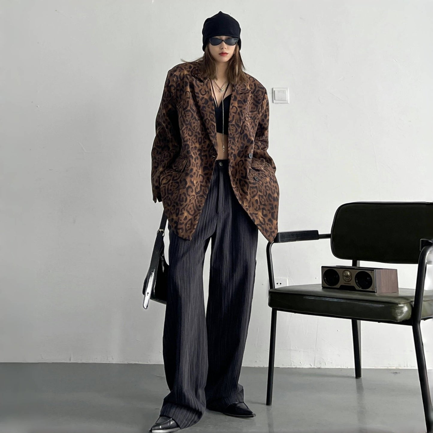 【アウター】INS oversize 春秋 レトロ ヒョウ柄 スーツジャケット【FCシリーズ】