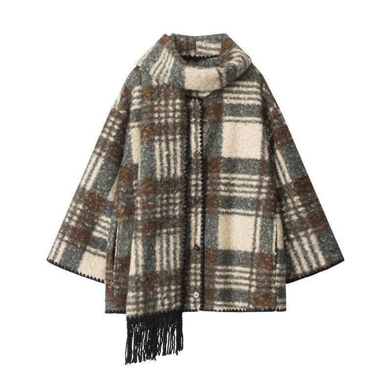 【アウター】レトロ チェック柄 秋冬 マント スカーフ コート【SNシリーズ】
