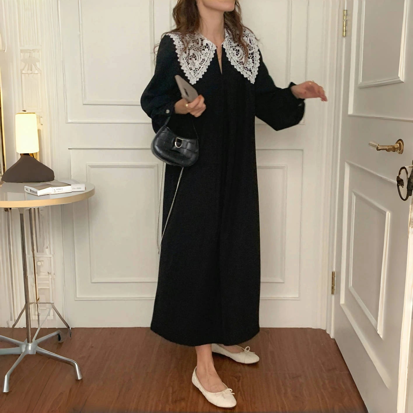 【ワンピース】春秋 レース襟 エレガント 長袖ワンピース