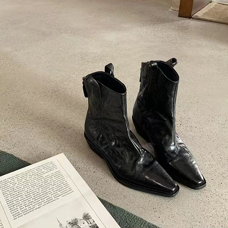 【シューズ】春秋冬 おしゃれ ポインテッドトゥ レトロ 太ヒール シワ ショートブーツ
