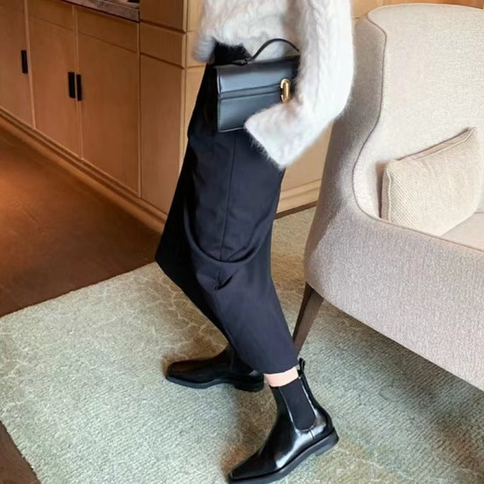 【シューズ】 春秋冬 チェルシー 太ヒール 厚底 ショート ブーツ