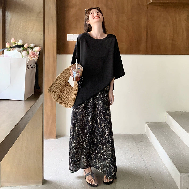 2点セット!【セットアップ】韓国風 ルーズ リラックス感 Tシャツ + 花柄スカート 上下セット レディース 夏 超人気 おしゃれ 旅行【SHシリーズ】
