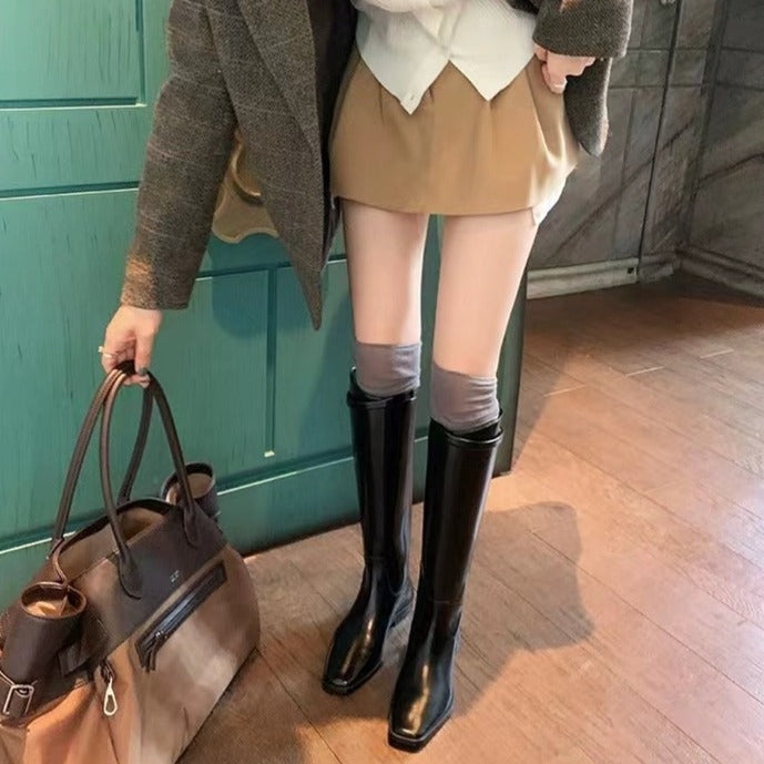 【シューズ】春秋冬 太ヒール 厚底 ハイバレルブーツ