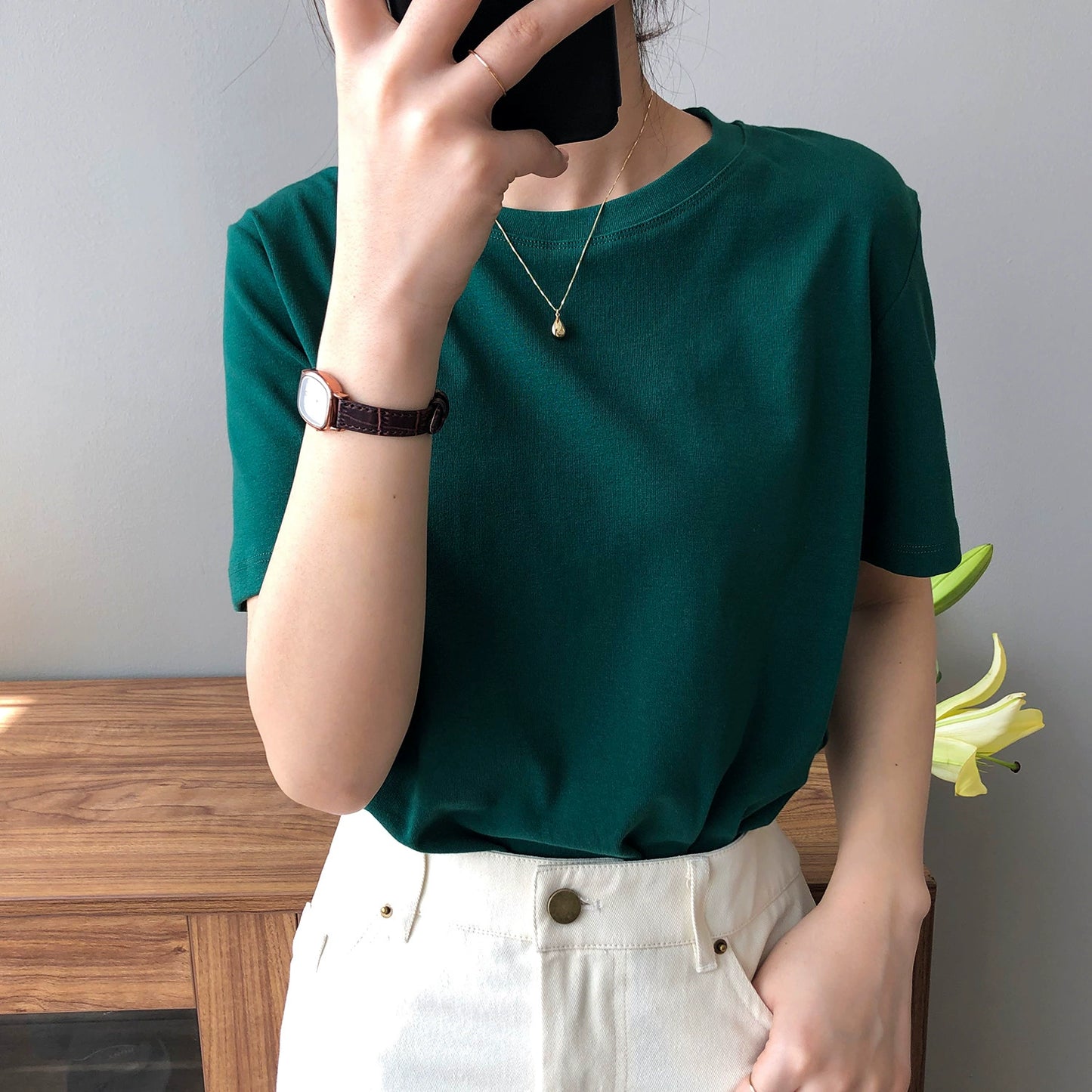 【トップス】無地 夏 ラウンドネック Tシャツ