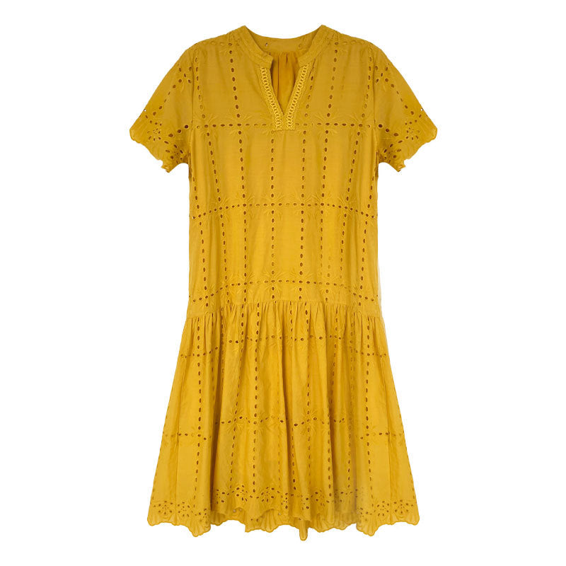 【ワンピース】夏 透かし彫り レース 刺繍 Vネック 半袖 ワンピース【SNシリーズ】