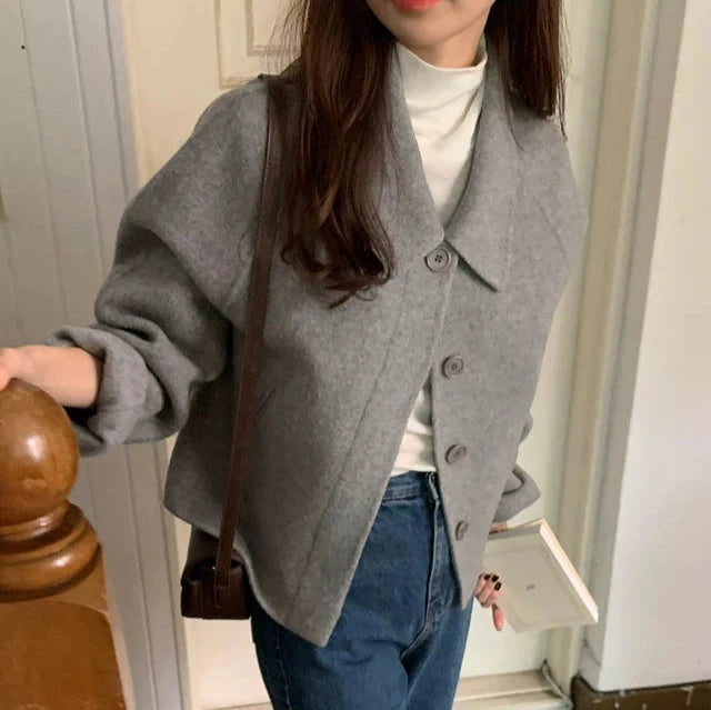 【アウター】折り襟 ボタン付き 秋冬 エレガント ジャケット