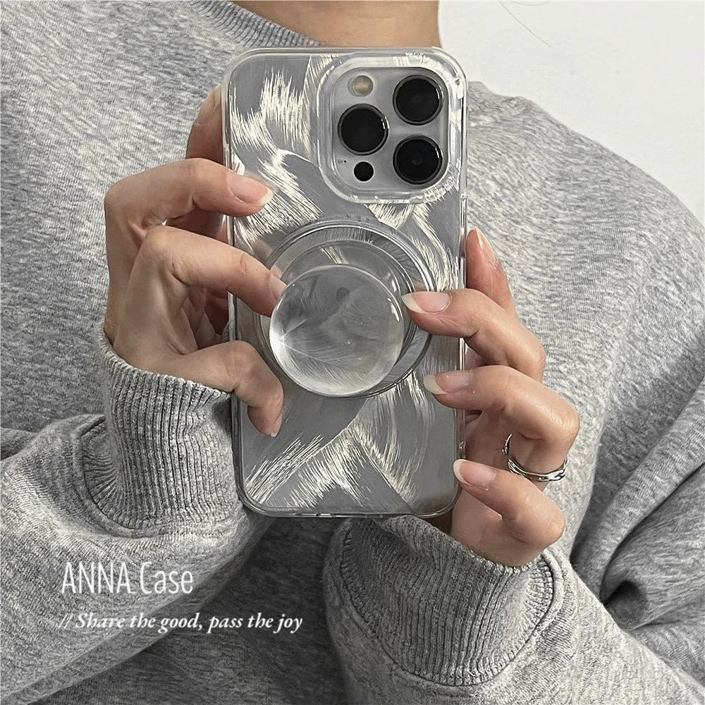 【グッズ】高級感のあるニッチデザイン シルバー羽紗 ガラス製マグネットスタンド付き 対応 iPhone 16 Pro Max / iPhone 14 / iPhone 12 Pro / iPhone 15 / iPhone 13 Pro Maxスマホケース