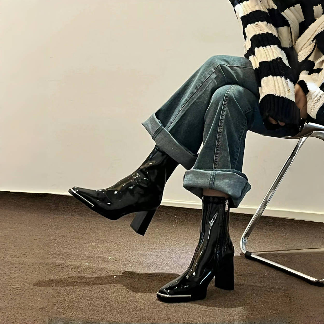【シューズ】春秋冬 スクエアトゥ シック ハイ ヒール ブーツ