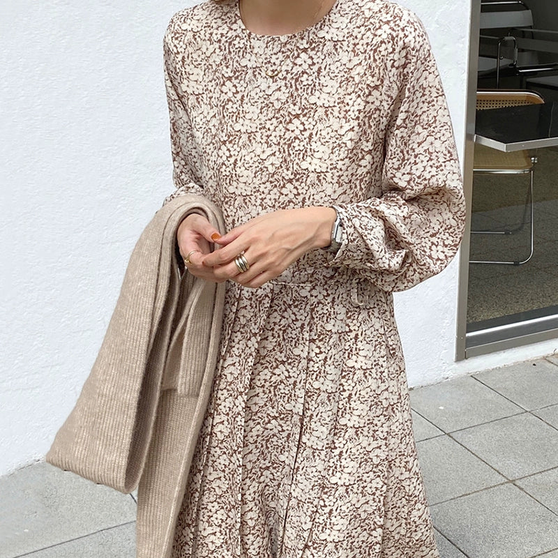 【ワンピース】春秋 ラウンドネック 花柄 レトロ 長袖ワンピース【SHシリーズ】