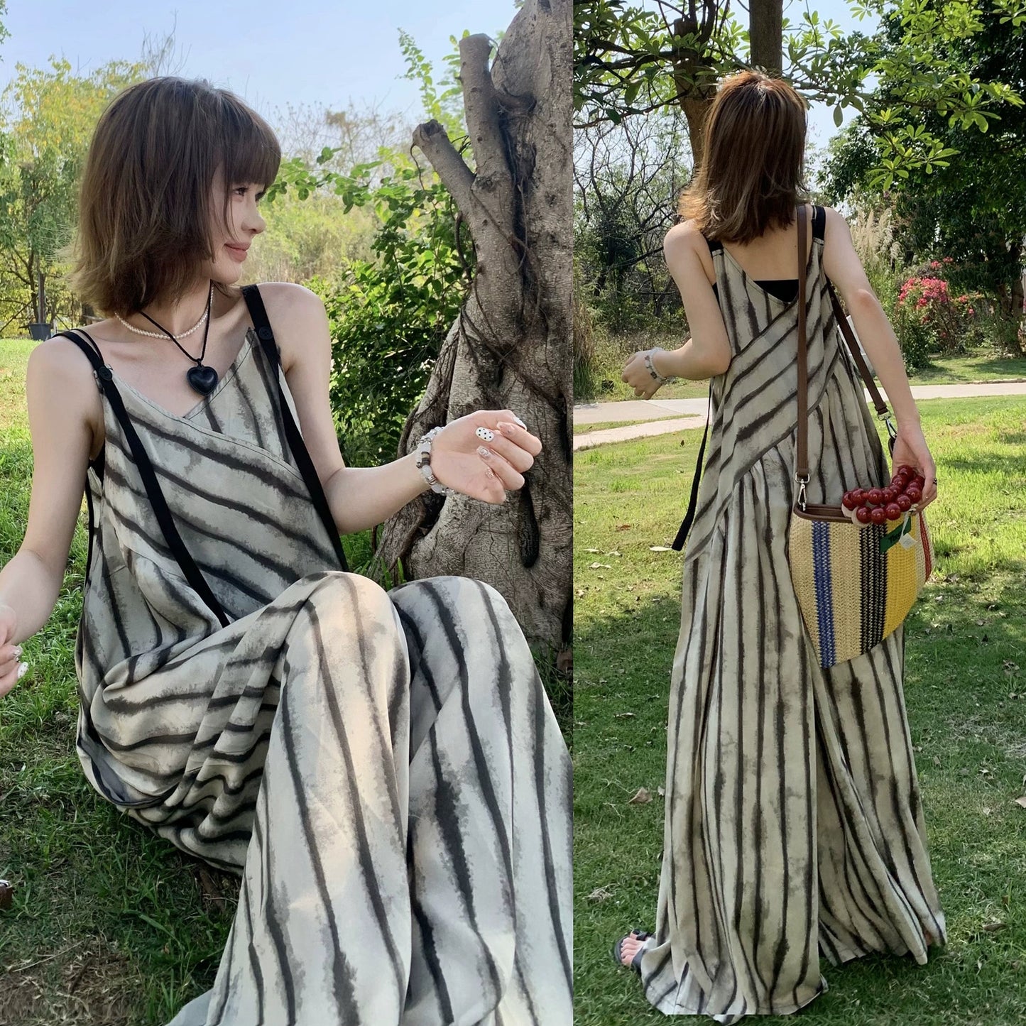 【ボトムス】夏新作 ルーズシルエット オーバーサイズ ストライプ キャミサロペット ワイドパンツ 【SHシリーズ】