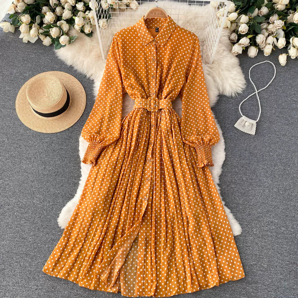 【ワンピース】フレンチ風ドット柄ロングワンピース レディース 春新作 ポロカラー シフォン プリーツ きれいめ【SHシリーズ】