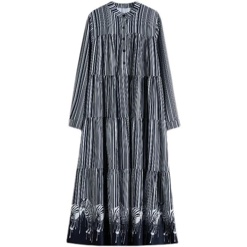 【ワンピース】レディースワンピース ストライプ切替 フレンチフレア ロング 長袖ワンピース【AHシリーズ】