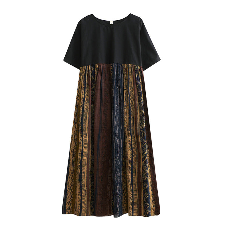 【ワンピース】レトロ 夏 アート 配色 大きいサイズ ゆったり 半袖ワンピース【SHシリーズ】