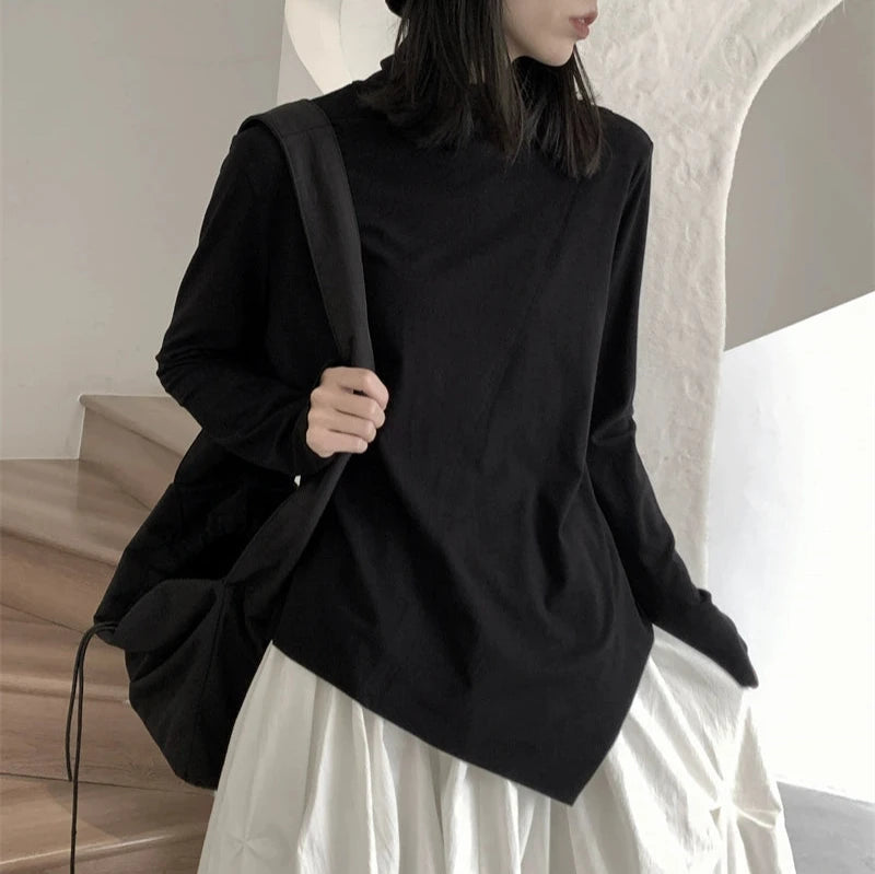 【トップス】秋冬 抜群感強い 不規則 無地 ハイネック Tシャツ【AHシリーズ】