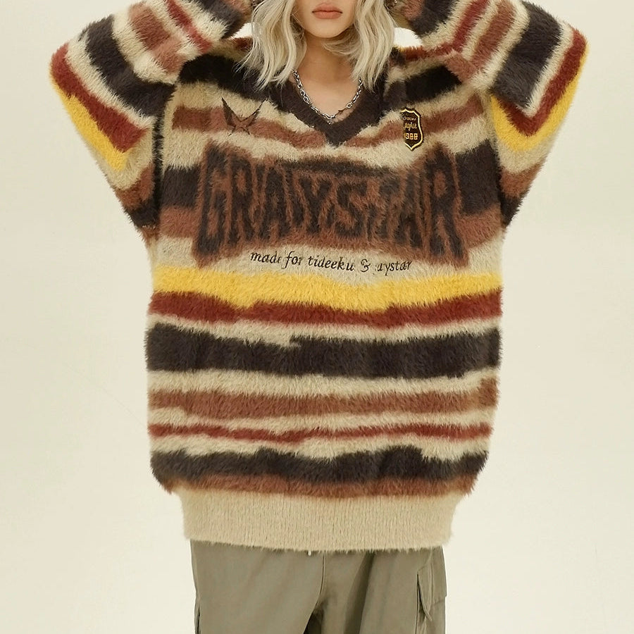 【トップス】アメリカンスタイル しま模様 ゆったり アルファベット ニットセーター【FCシリーズ】