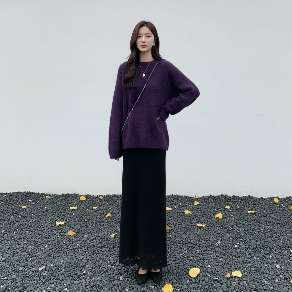 【セットアップ】上品な シンプル パープル セーター + シンプル スカート 2点上下セット【JZシリーズ】