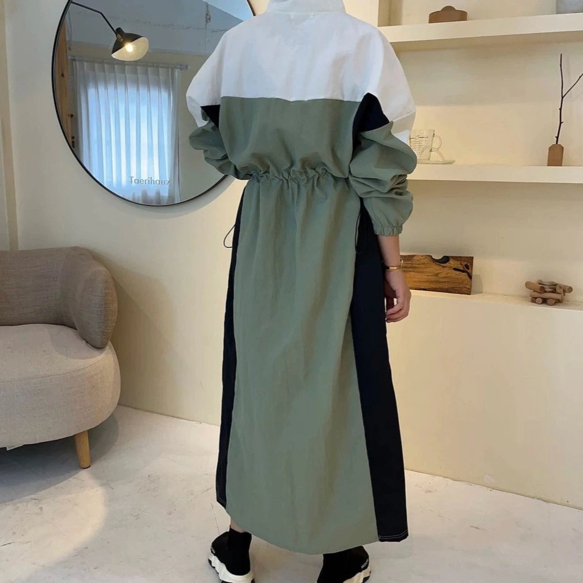 【ワンピース】春秋 韓国風 スタンドネック 切り替えし着痩せ 長袖ワンピース