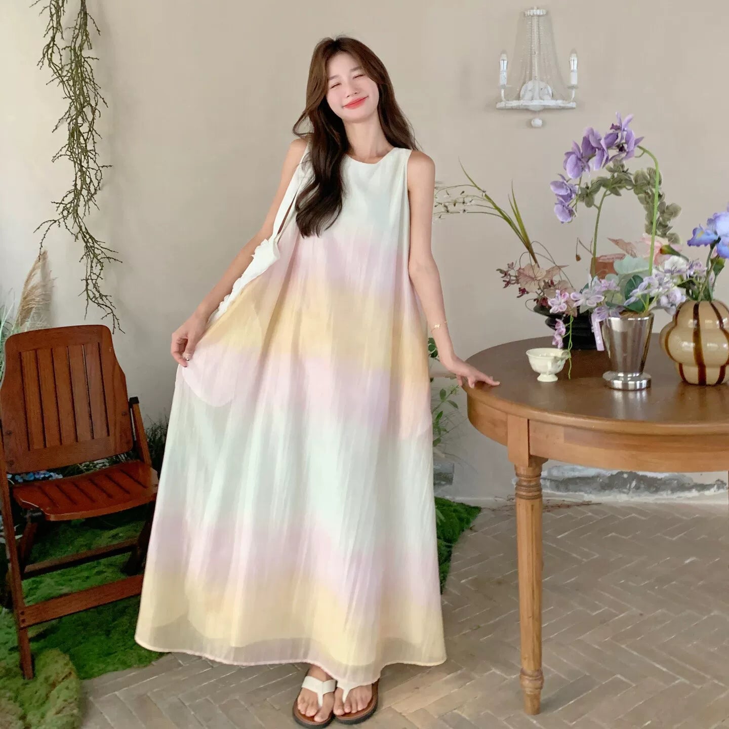 【ワンピース】ワンピース ノースリーブ レインボーグラデーション フレンチ風 ロングワンピース ゆったり 細見え 気質【JZシリーズ】