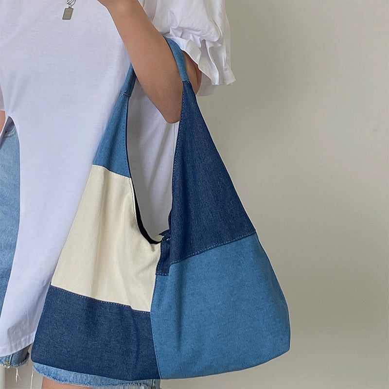 【バッグ】コントラストカラー キャンバス トートバッグ ハンドバッグ