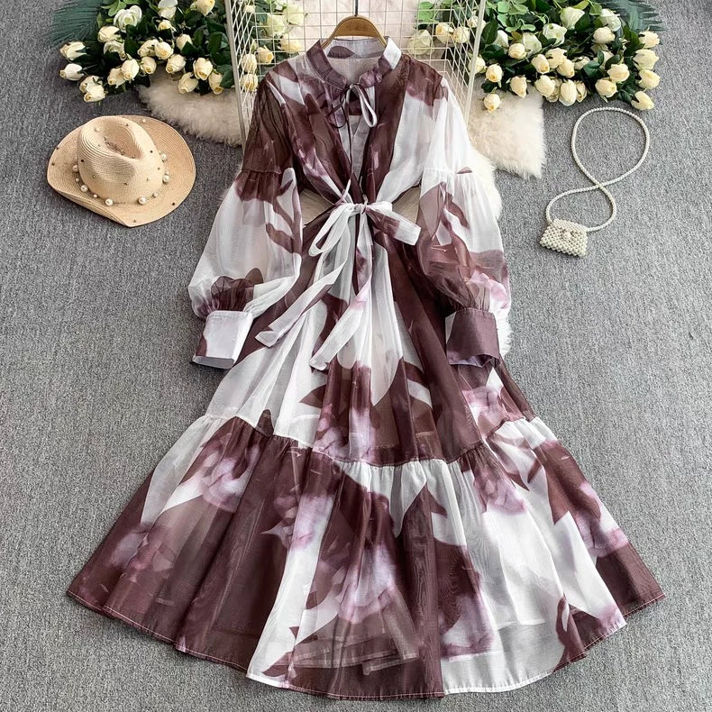 【ワンピース】5カラー フレンチレトロ 花柄ワンピース 長袖 ウエストマーク ゆったり着痩せ ロング丈 上品エレガント 万能ワンピ【SHシリーズ】