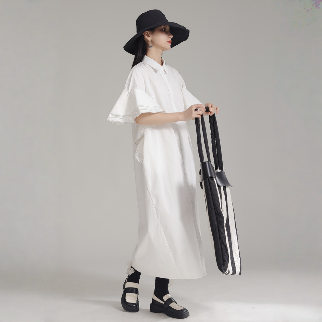 【ワンピース】フリルスリーブ 折り襟 細見え シャツワンピース 【AHシリーズ】