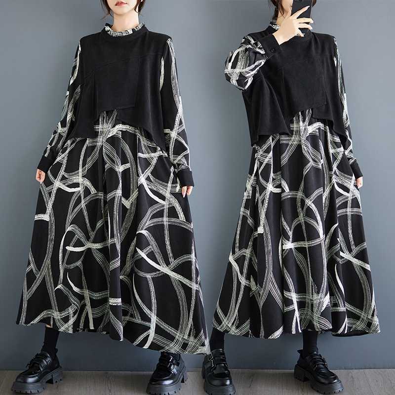 【ワンピース】春秋 個性柄 カジュアル レイヤード風 長袖ワンピース【SHシリーズ】