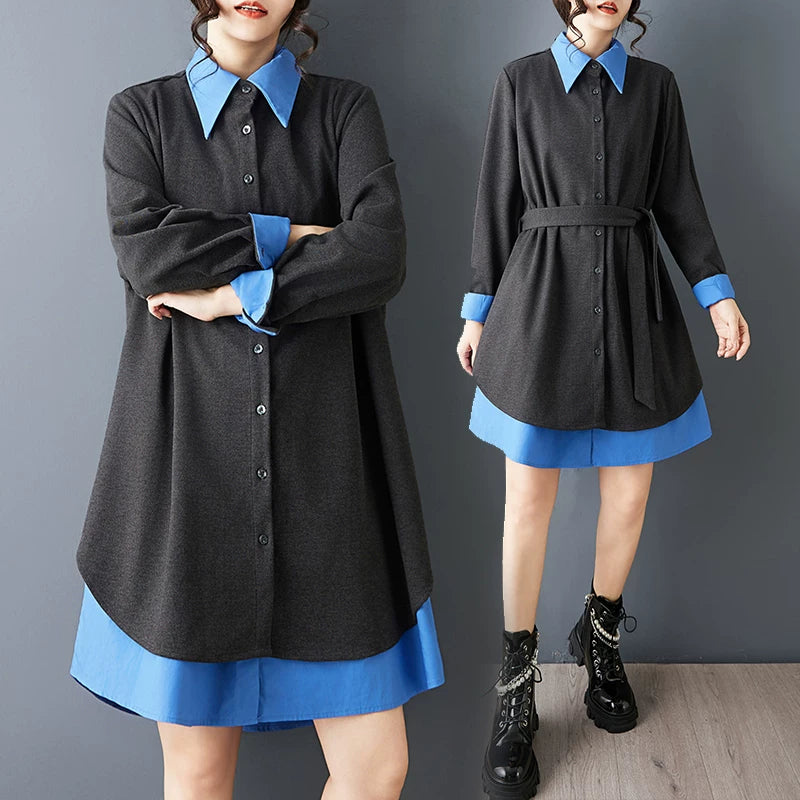 【ワンピース】春新作 デザイン性 レイヤード風 配色切替 カジュアル オーバーサイズ シャツワンピース 長袖 ミディ丈 レディース【JZシリーズ】
