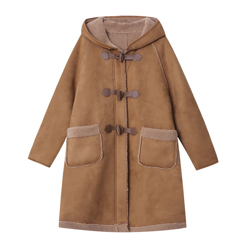 【アウター】 秋冬 スエード ホーンバックル フード付き コート