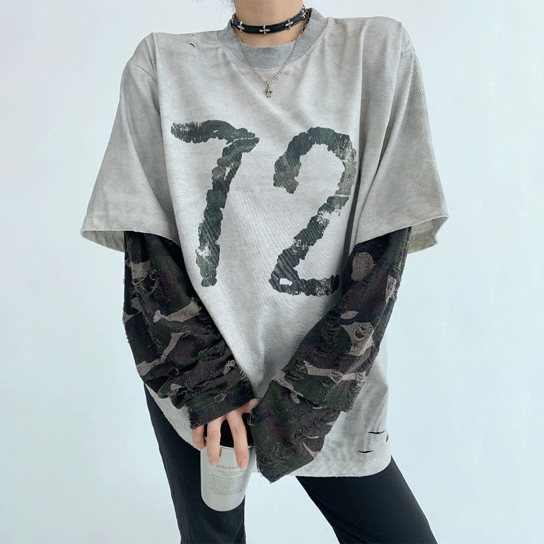 【トップス】春秋 日系 oversize ヴィンテージ加工 フェイクレイヤード Tシャツ【FCシリーズ】