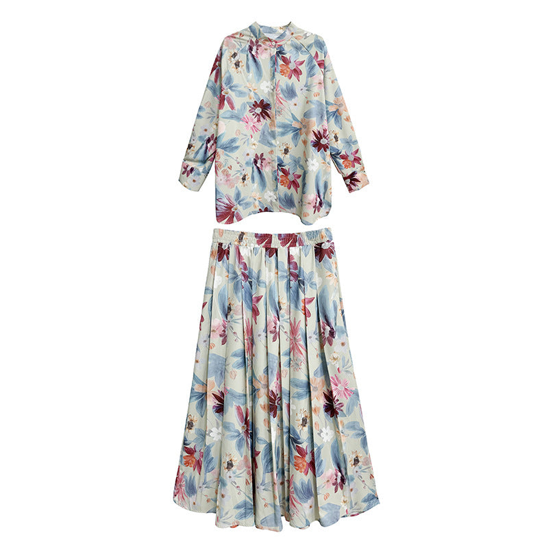 【セットアップ 】春秋夏 プリント 花柄 長袖 シャツ + フリルギャザー スカート 2点上下セット 【SHシリーズ】