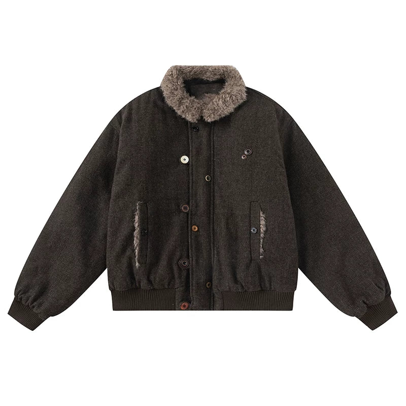 【アウター】ファー襟付き 中綿ジャケット バーン風 アメリカンヴィンテージ ボタン レディース 冬 綿入れコート【FCシリーズ】