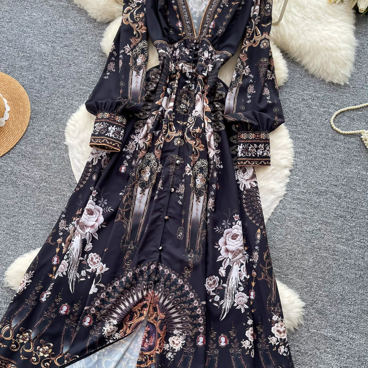 【ワンピース】クラシカル花柄ロングワンピース レディース 秋新作 Vネック 長袖 ウエストマーク フレンチ風【SHシリーズ】