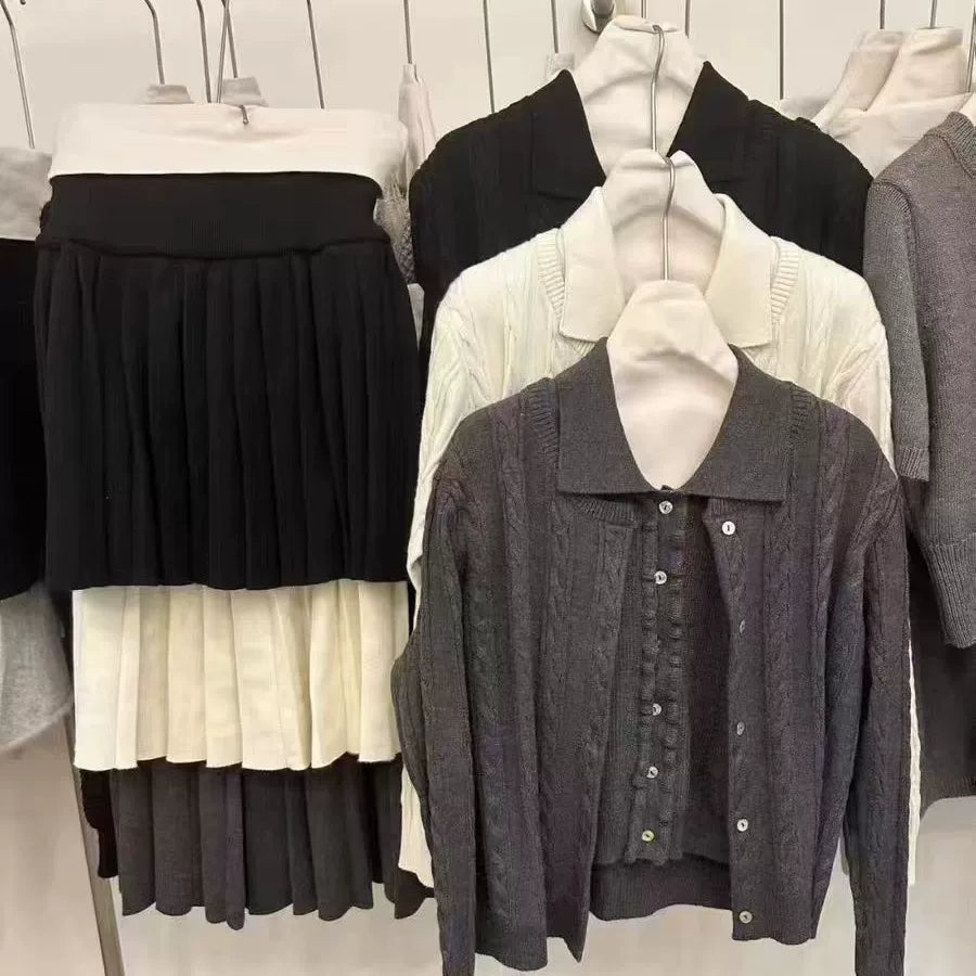 【セットアップ】春 秋 冬 ニット ベスト + ジャケット + プリーツ スカート 3点上下セット 【JZシリーズ】