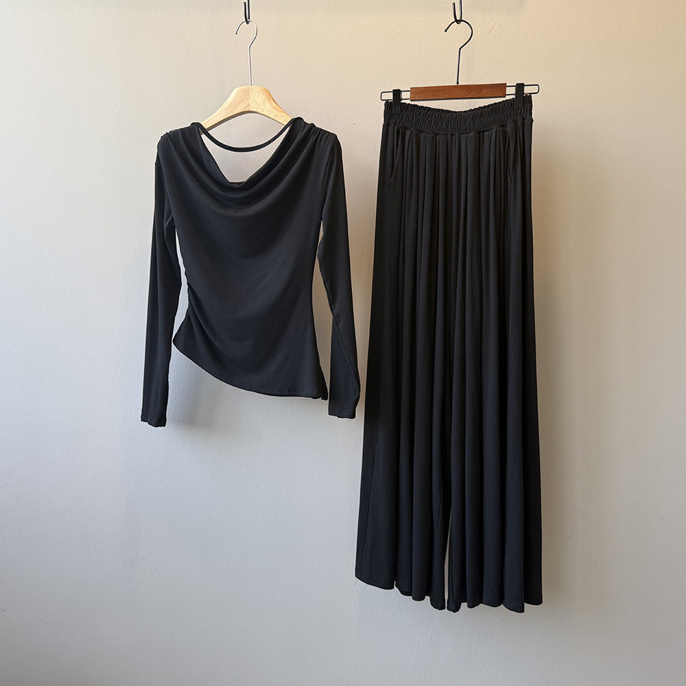 2点セット!【セットアップ】フレンチ ウエストマークTシャツ+ハイウエストドレープ感フルレングスパンツ レディース 秋 リラックス風 上下セット【JZシリーズ】