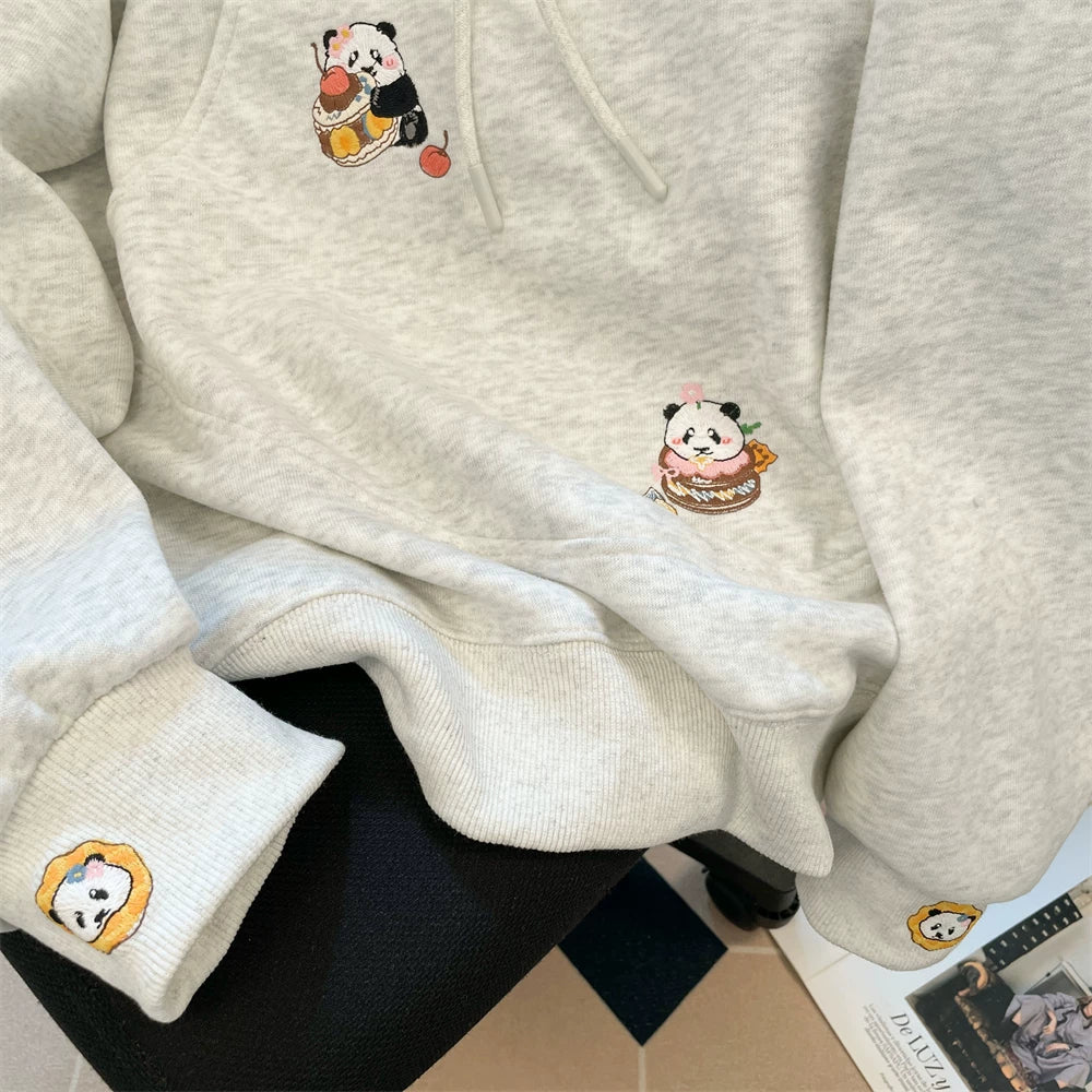 【トップス】韓国風 カレッジテイスト 🐼パンダ刺繍 裏起毛 厚手 フード付きスウェット レディース 冬 Panda【FCシリーズ】