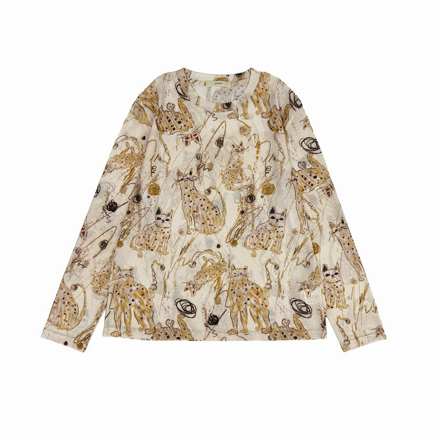 【トップス】ラウンドネック プリント 猫柄 長袖Tシャツ 【SHシリーズ】