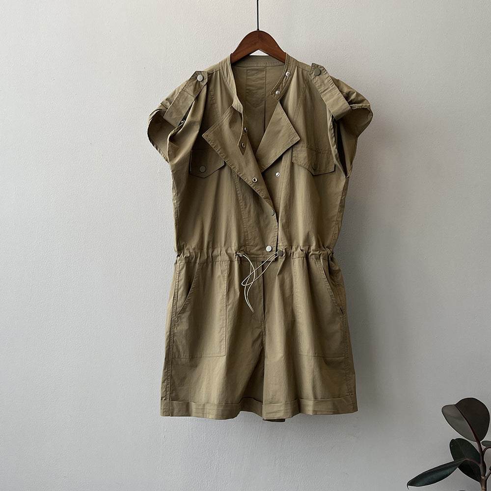 【ボトムス】ハイウエスト 夏 ワーク風 オールインワン スタンドカラー フリルスリーブ シャツ風 ショート丈ジャンプスーツ【JZシリーズ】