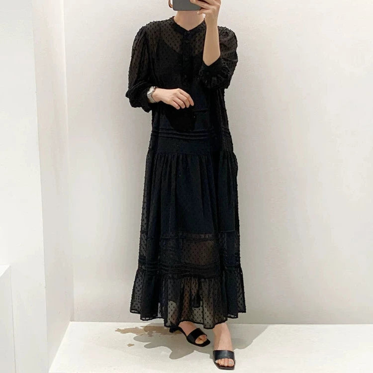 【ワンピース】春秋夏 エレガント 立襟 ゆるリラックス 長袖ワンピース