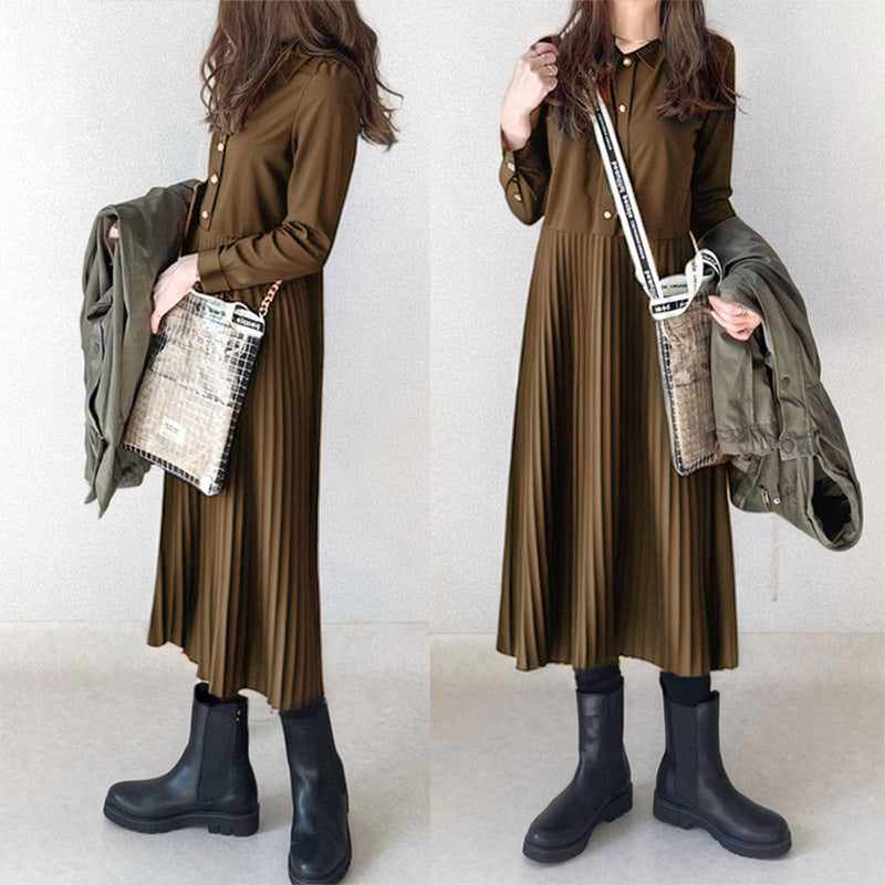 【ワンピース】春秋冬 日系 高級感 合わせやすい 折り襟 長袖ワンピース