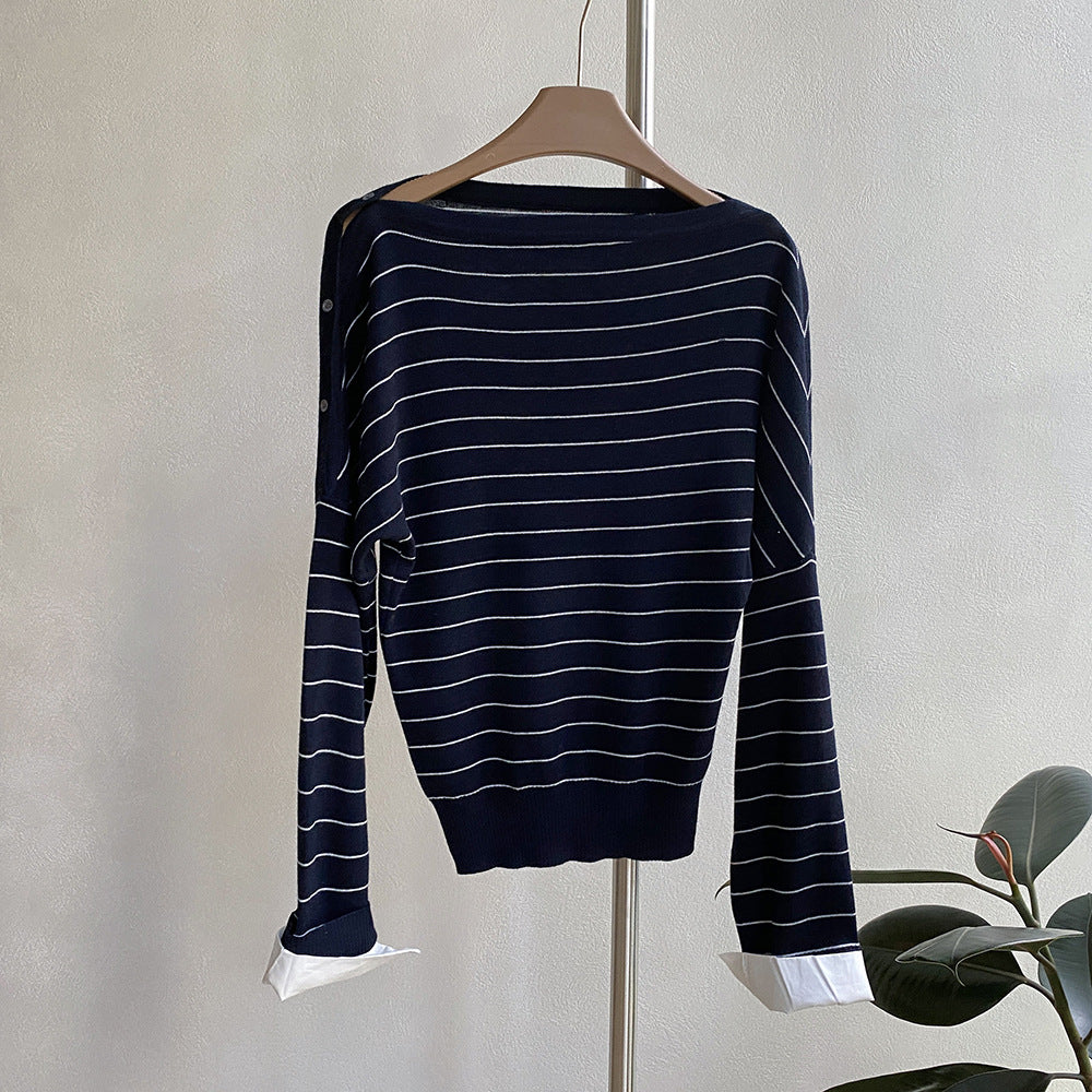 【トップス】オフショルボーダーニットTシャツ レディース 肩見せ ゆったりシルエット レイヤード 秋トップス【JZシリーズ】