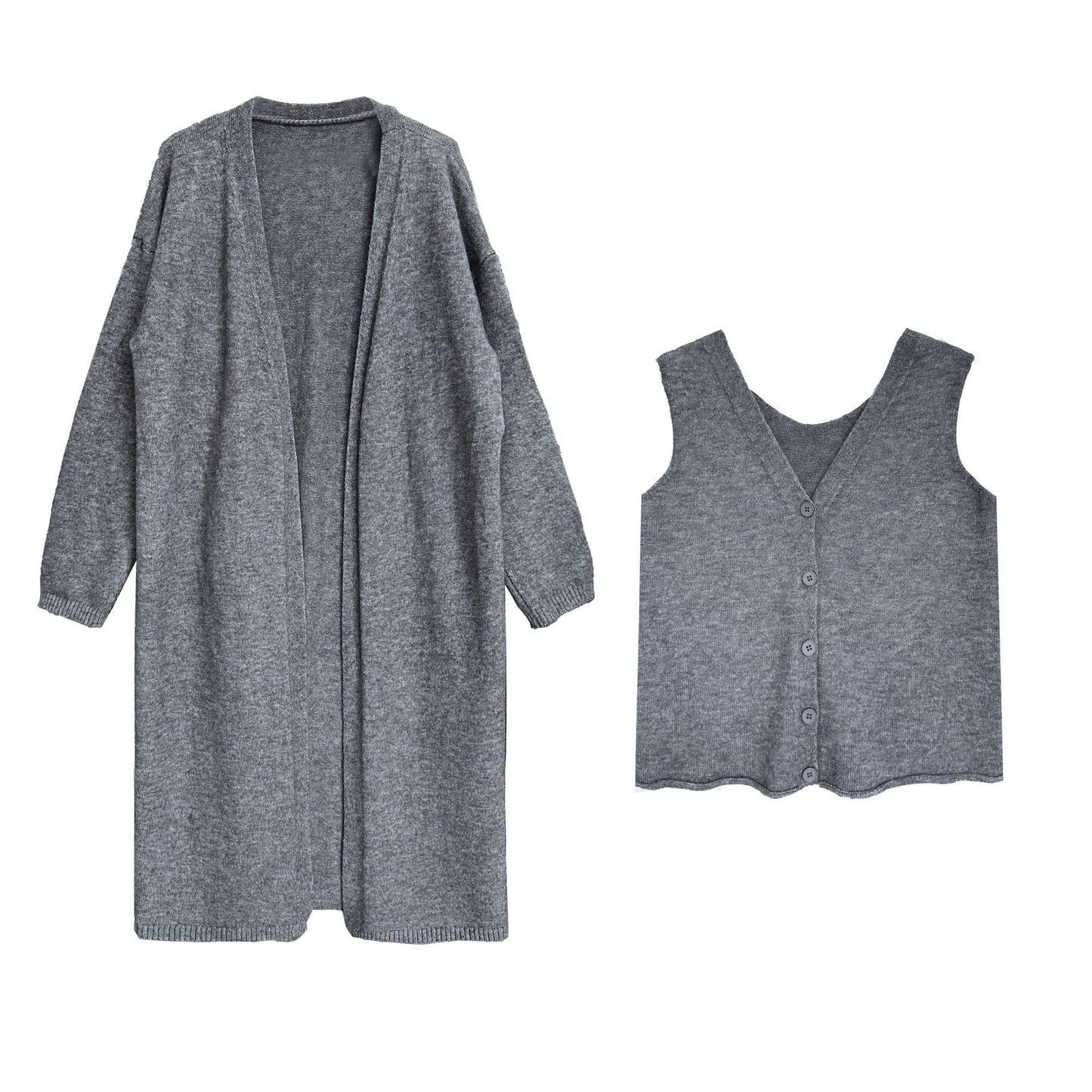 【アウター】シンプル ミドル丈 春秋 ニット カーディガン + ベスト 2点セット【SNシリーズ】